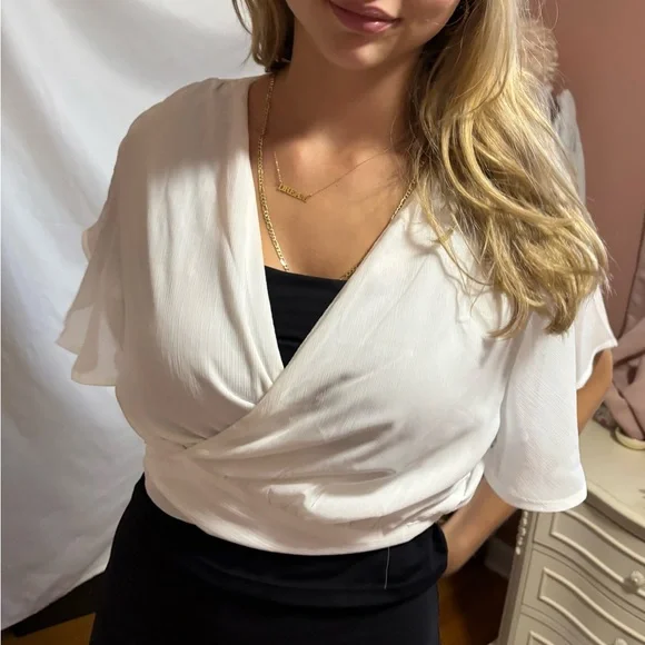 White Wrap Blouse with Ruffle Sleeves - Picture 3 of 4